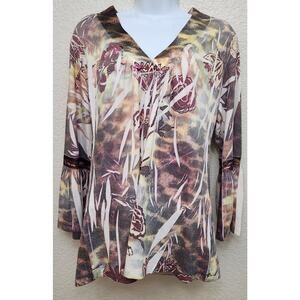 California Bloom Burgundy Green Floral Print Pleated Top Large Bell Sleeves Soft